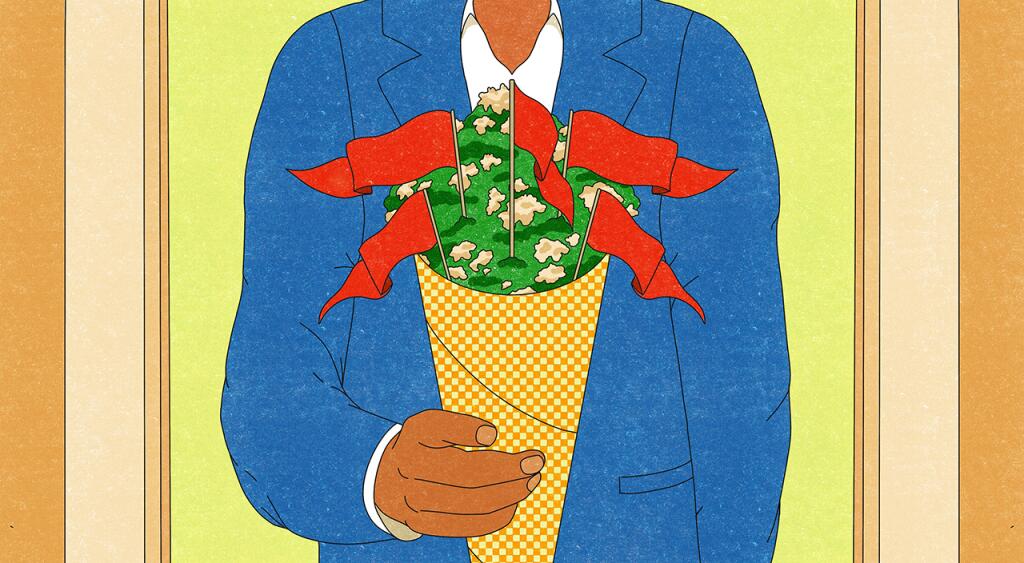 illustration of man holding bouquet with red flags 