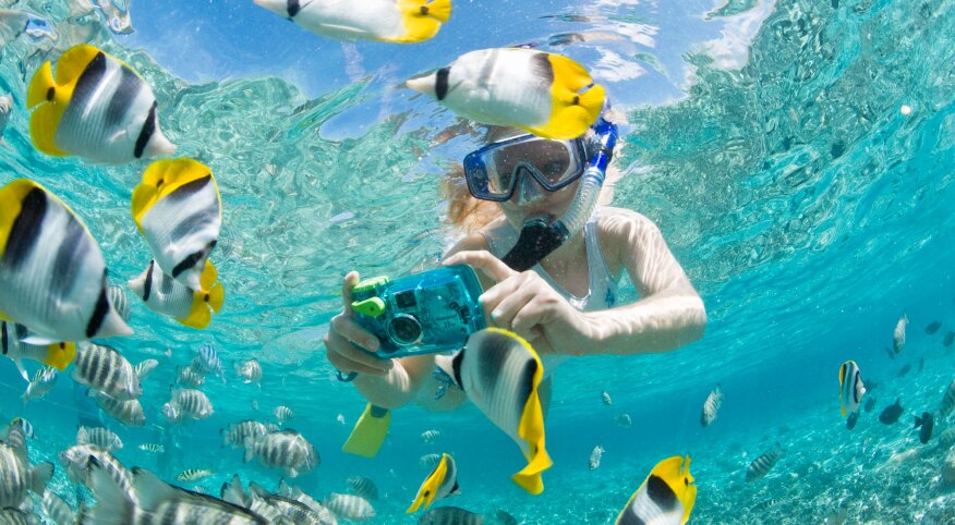 Woman snorkeling and taking photos of fish with underwater camera
