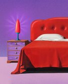 illustration of bedroom with red bed and side table with sex toy
