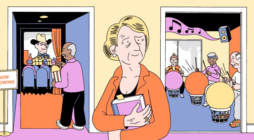 illustration of senior woman holding book walking past rooms with seniors watching a movie and playing instruments