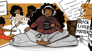 Black women, illustration, collage, racism, voting, exercising, peace