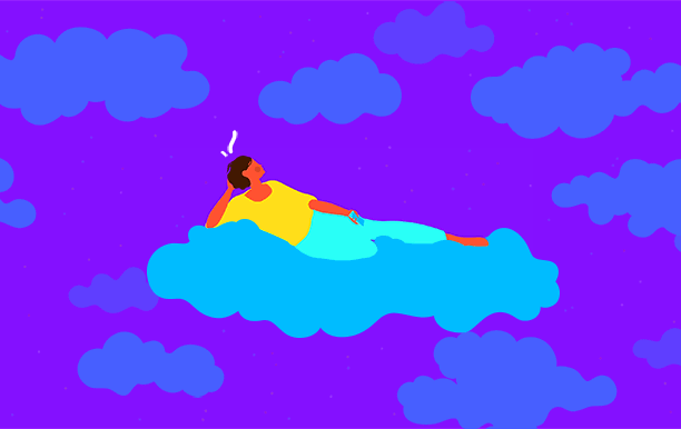 animation of lady laying on a cloud having thoughts after first date