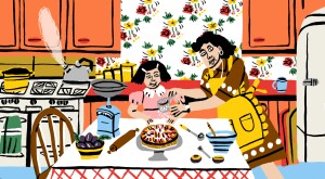 illustration of mother and daughter baking in kitchen