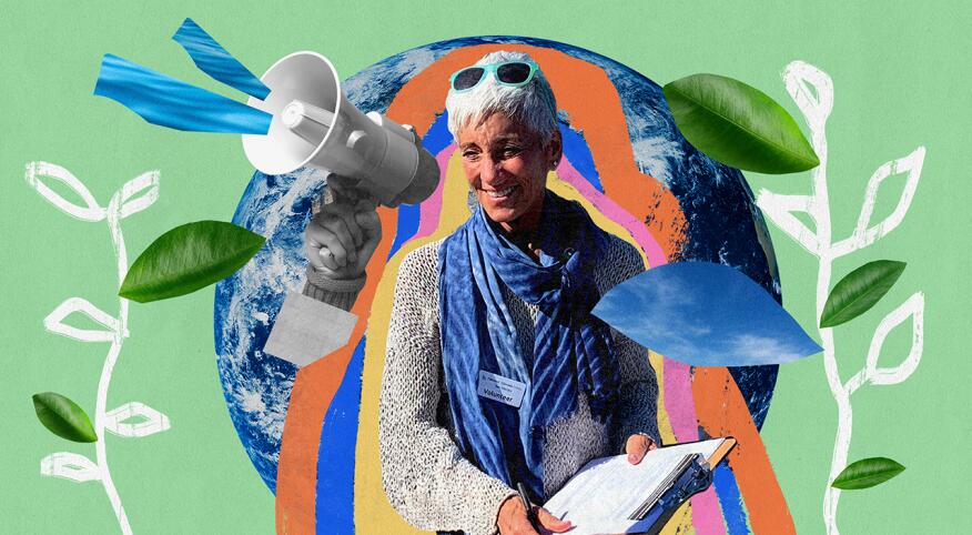Photo collage of female activist surrounded by earth, megaphone, and leaves