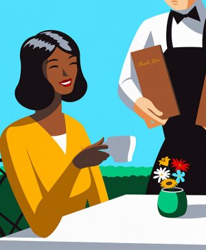 illustration of woman and man sitting outside of cafe, finances, food, spending