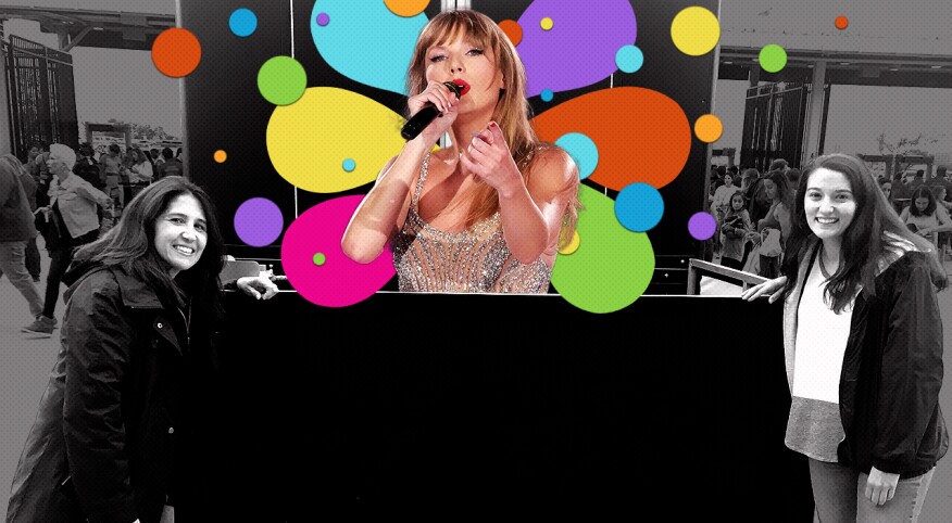 photo illustration of mom and daughter at taylor swift concert, image of taylor swift singing and emerging from box