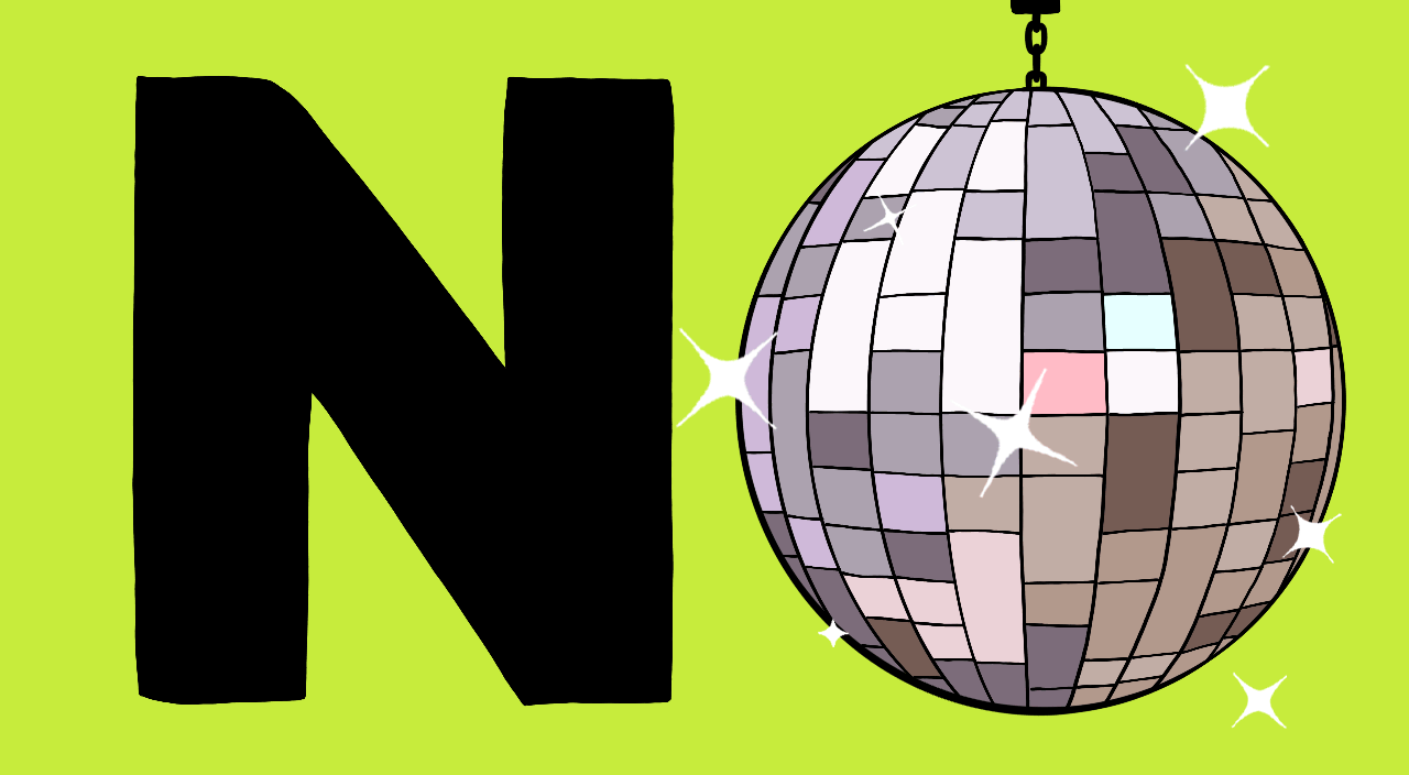 illustration animation of the word no with a disco ball, anti-resolutions, new year