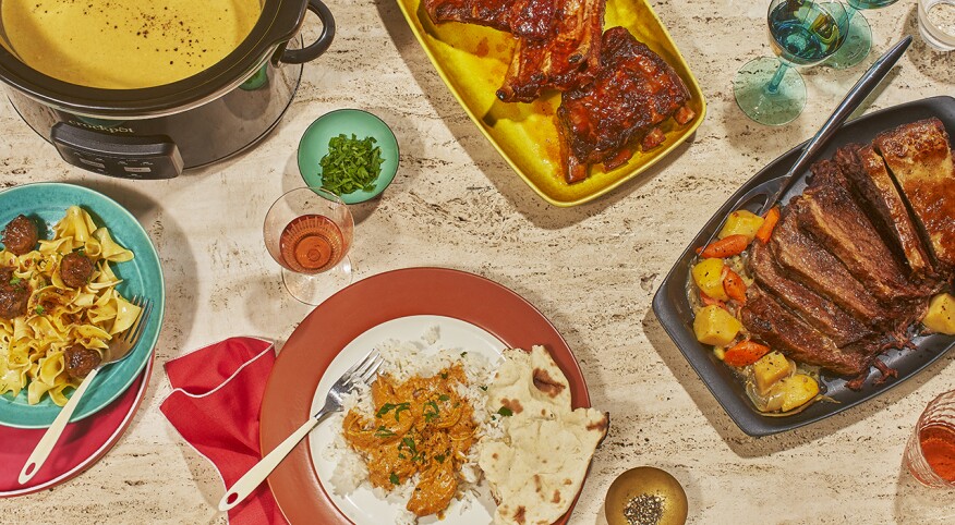 Overhead shot of slow cooker meal on decorated table