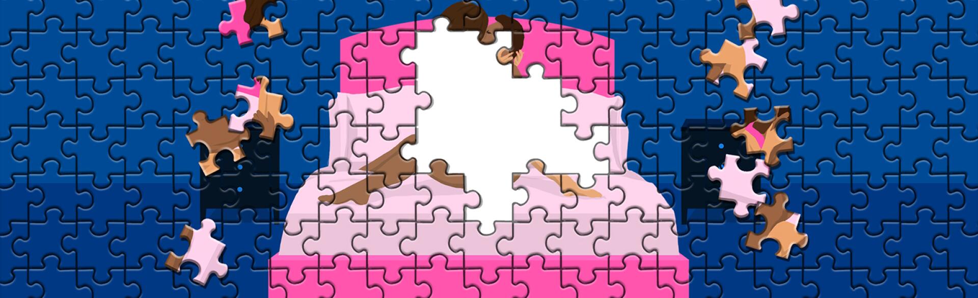 illustration of puzzle with couple making love on bed with pieces missing