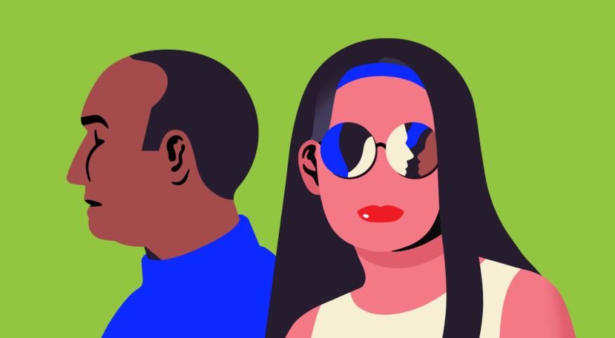 An illustration of a man and a woman. The man looks off to the side, while the woman stares head on, wearing sunglasses.