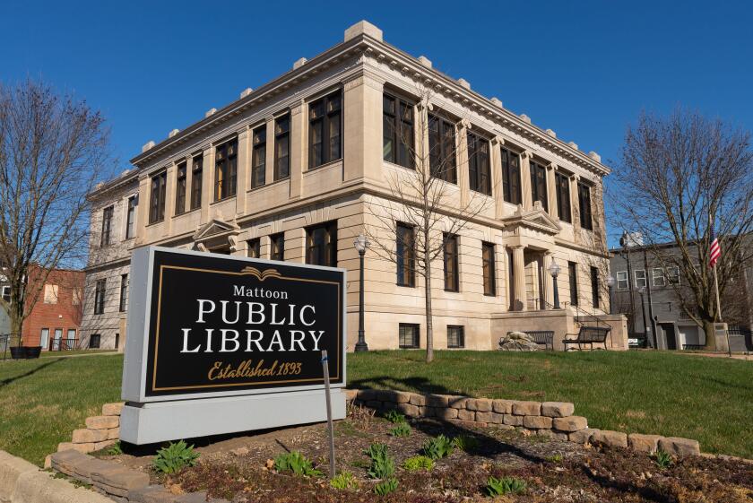 Mattoon, Illinois - United States - March 19th, 2023: Exterior of the historic Carnegie Library, built in 1903, on a Sunny Spring morning.