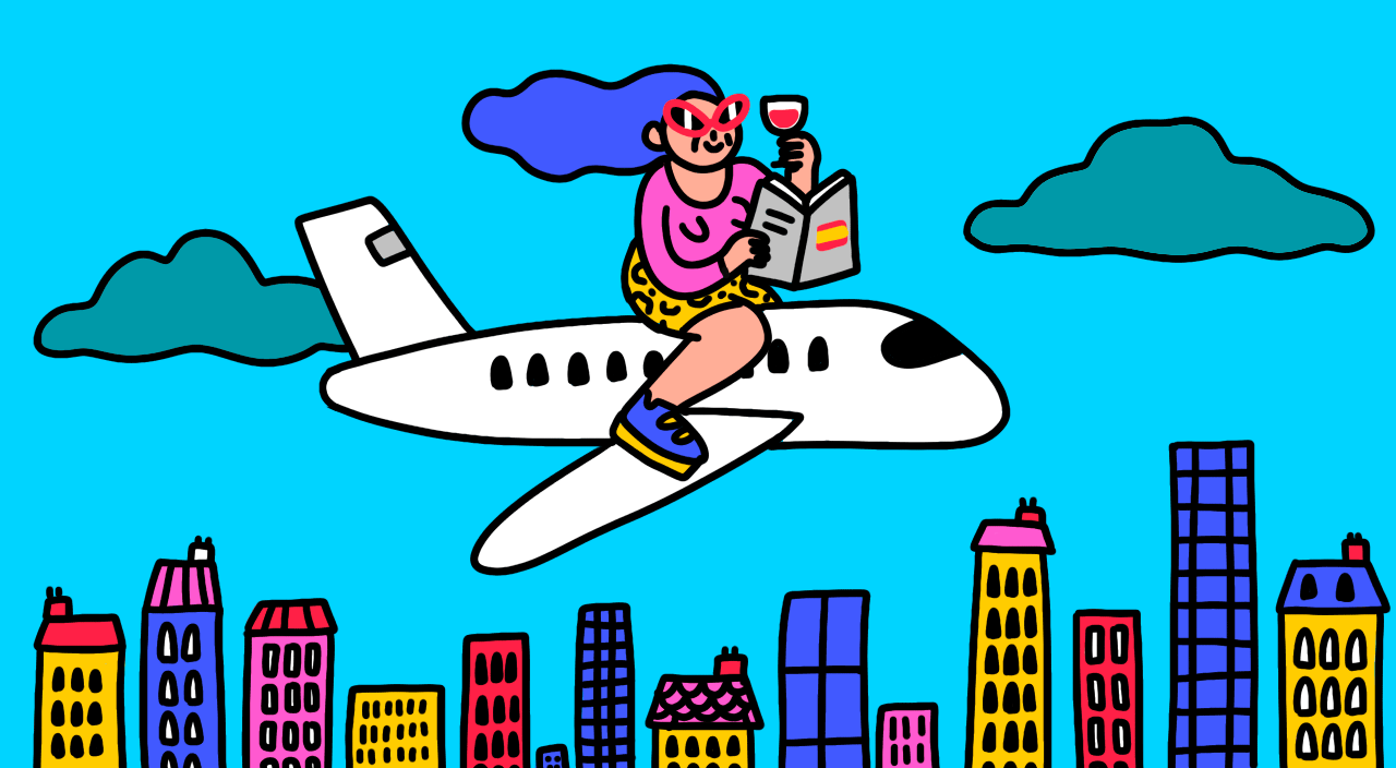 animation of woman with glass of wine and book sitting on airplane traveling through sky and passing buildings