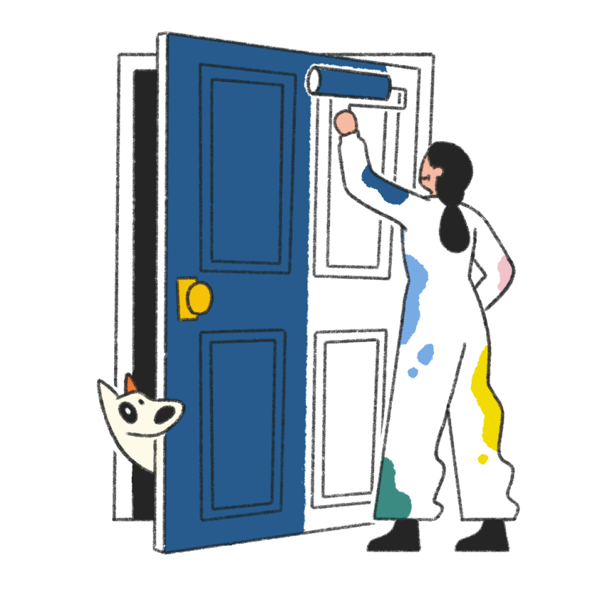 illustration of woman painting door blue