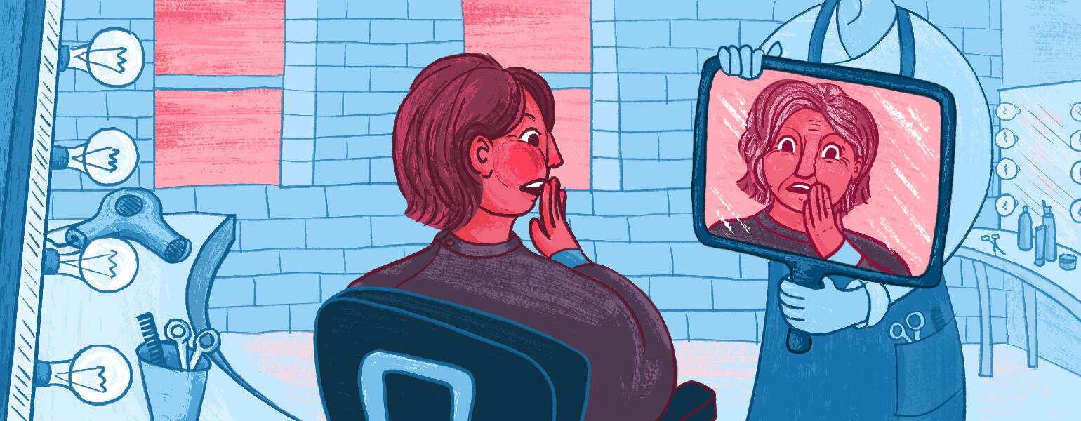 illustration of woman looking in the mirror and seeing her mom