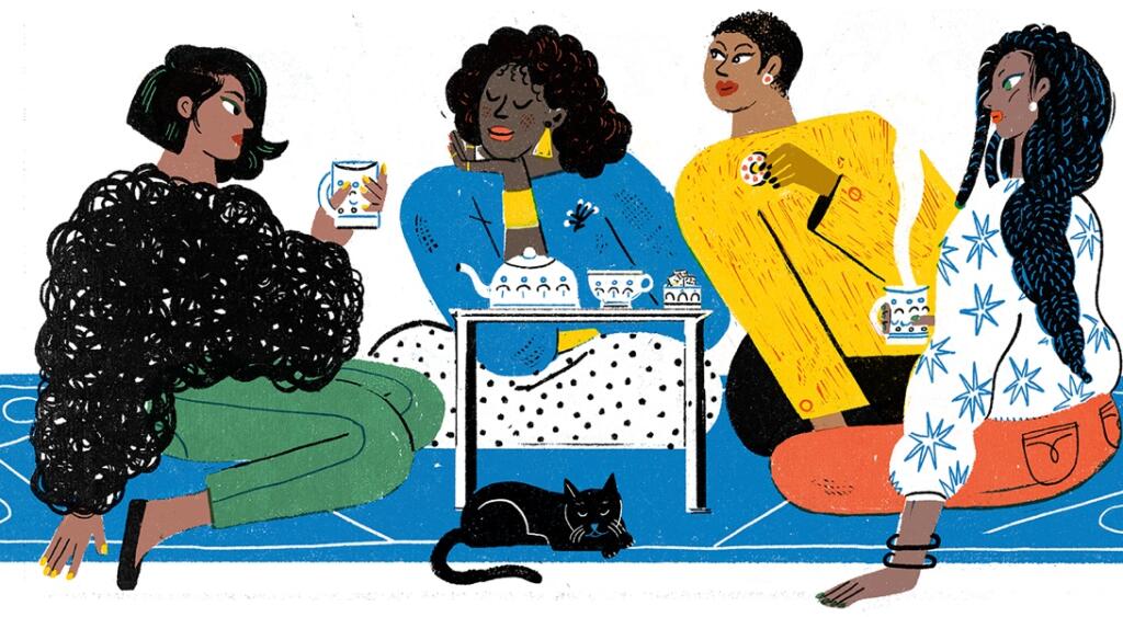 A drawing of a group of four sisters, sitting around a small coffee table.