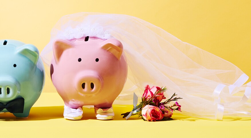 a blue groom piggy bank and pink bride piggy bank illustrating seperate bank accounts when married