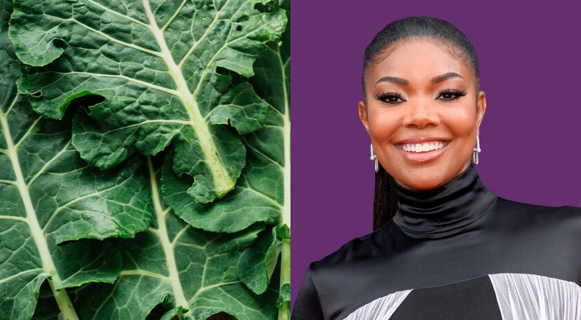 photos of collard greens and Gabrielle Union
