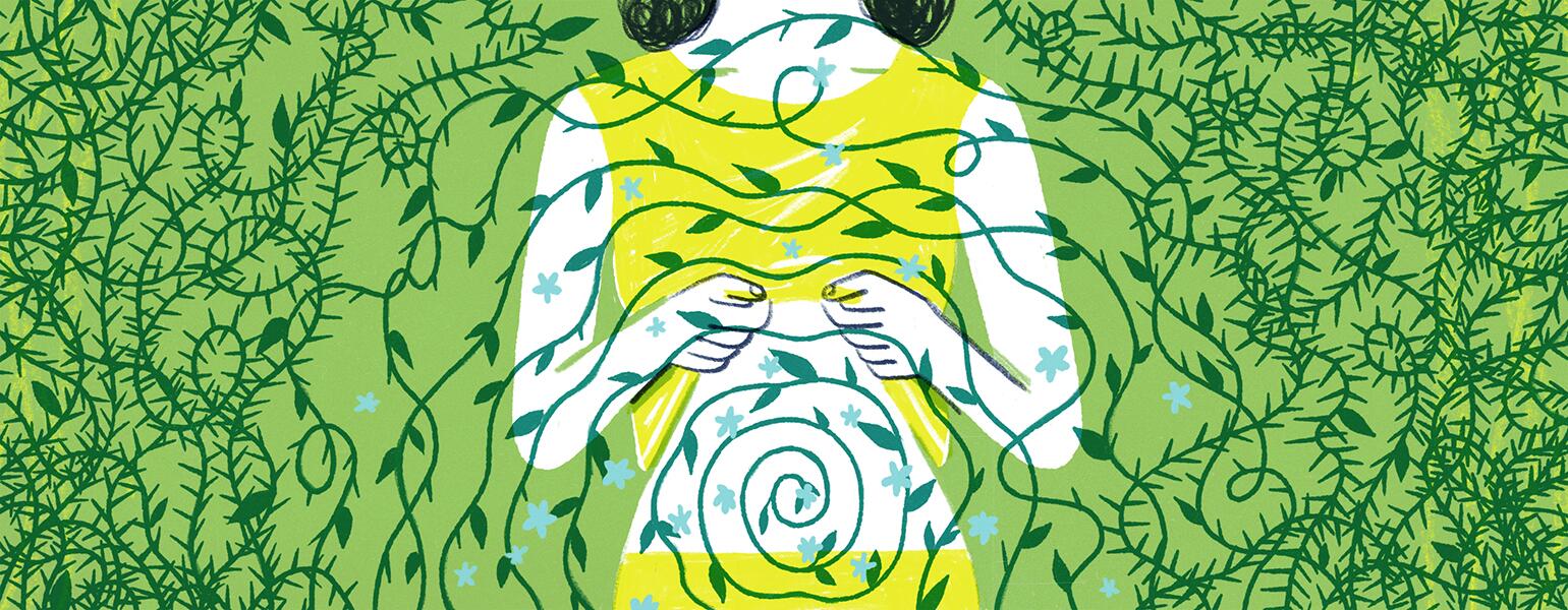 illustration of woman showing her stomach with green vine wrapping around