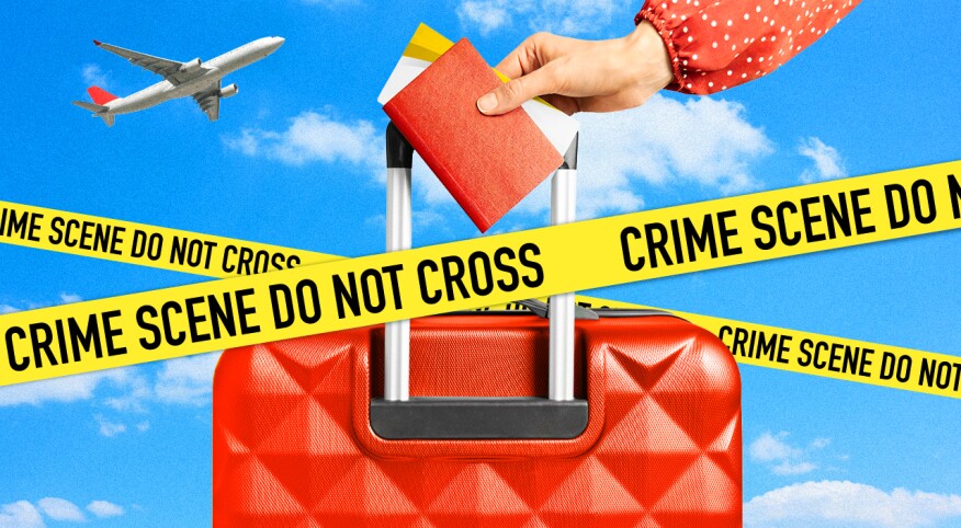 photo illustration of crime scene tape over luggage