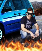 Humorous setting of man with cool glasses proudly kneeling in front of his van