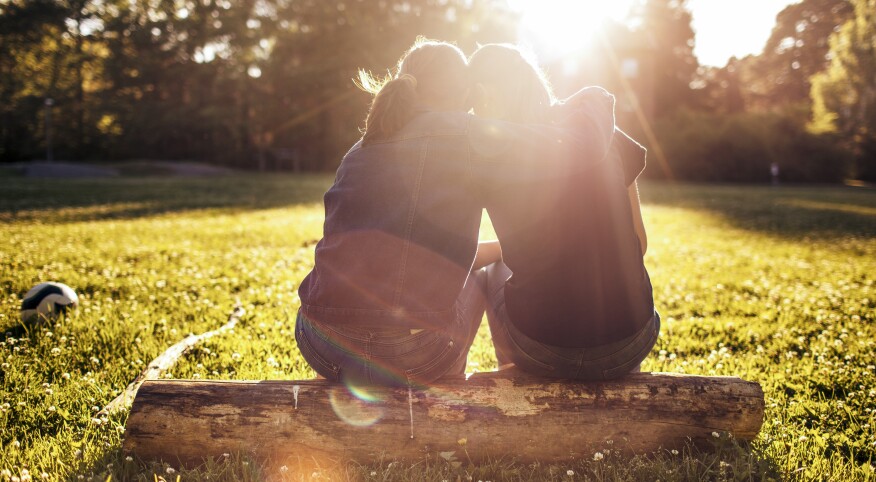 Sisters sitting on a log with arm around shoulder