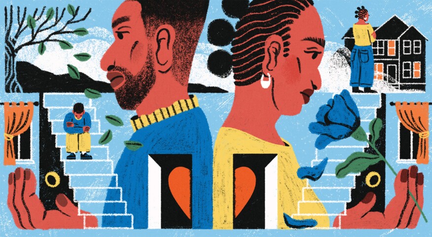 illustration of couple back to back reflecting on marriage