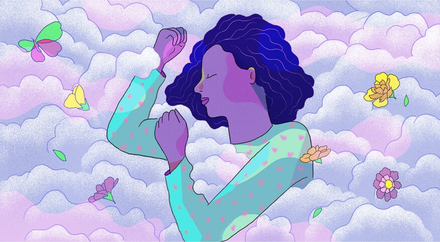 illustration of woman sleeping amongst the clouds