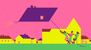 illustration of family relatives grabbing ahold of roof from house, heirs property
