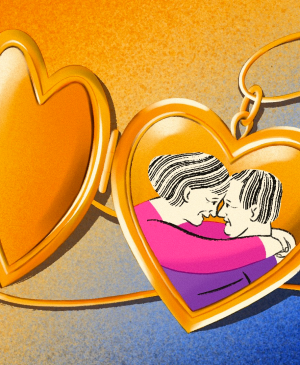 illustration of open, gold heart necklace with photo of couple inside