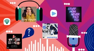 illustration of podcast icons with podcast covers