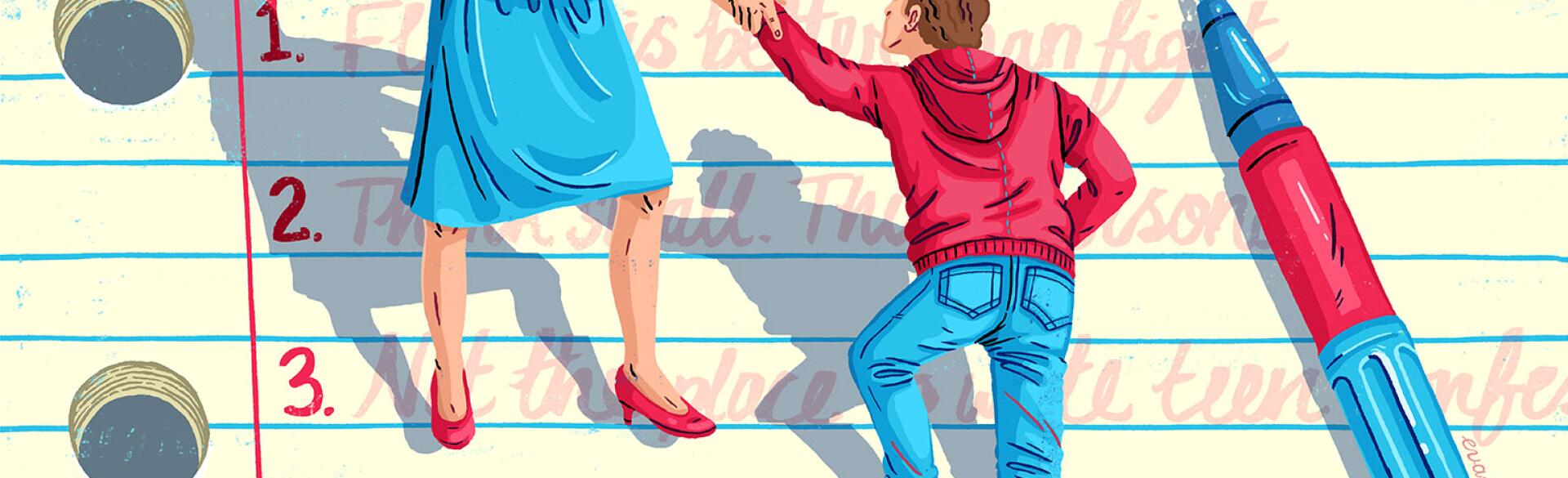 illustration of mother helping son climb up application paper