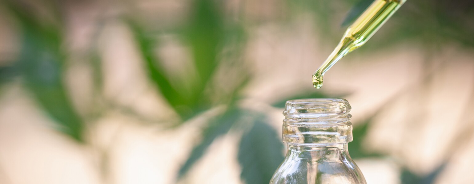 Jar with CBD oil being taken out by a dropper.