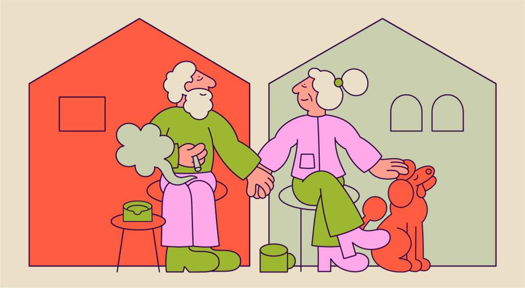 illustration of a couple holding hands sitting in their own homes, living apart, marriage advice