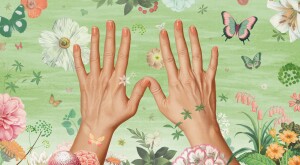 photo illustration of aging hands surrounded by butterflies and flowers