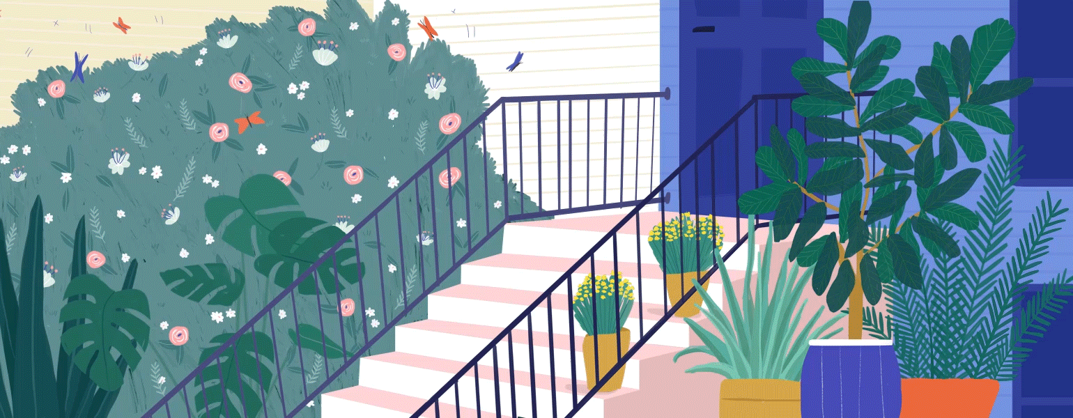 Illustration of the front of a home and mom coming down the stairs