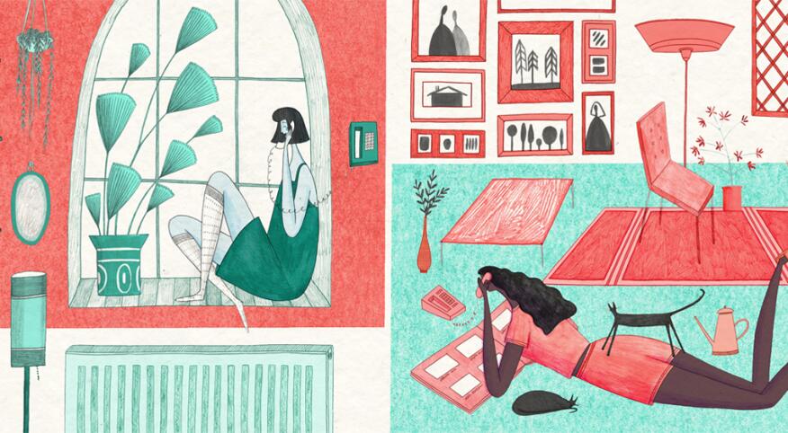 illustration of friends on the phone in two separate living rooms