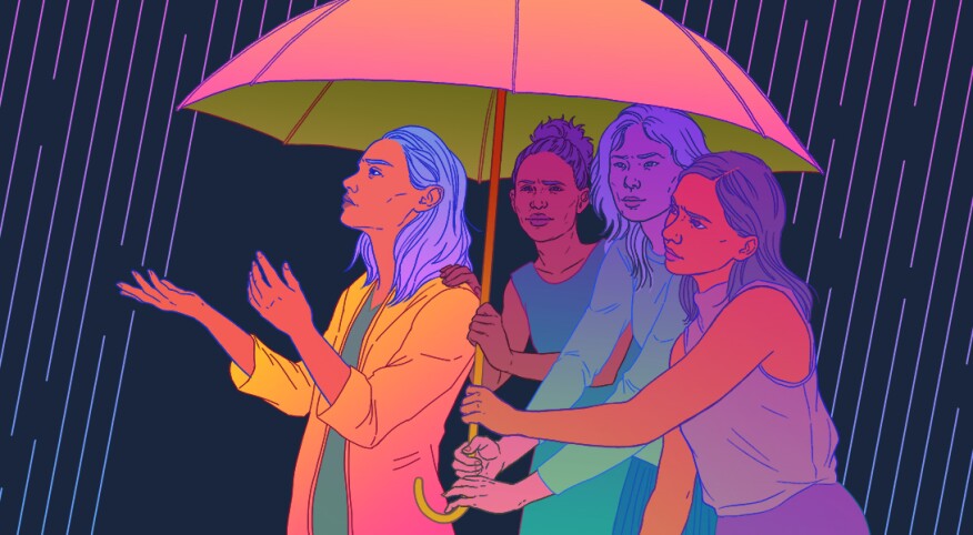 illustration of friends sheltering friend with umbrella from the storm