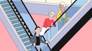 illustration of woman hitting another woman's neck while riding on escalator, toxic friends, relationships