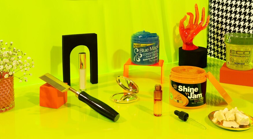 Beauty products on lime green background