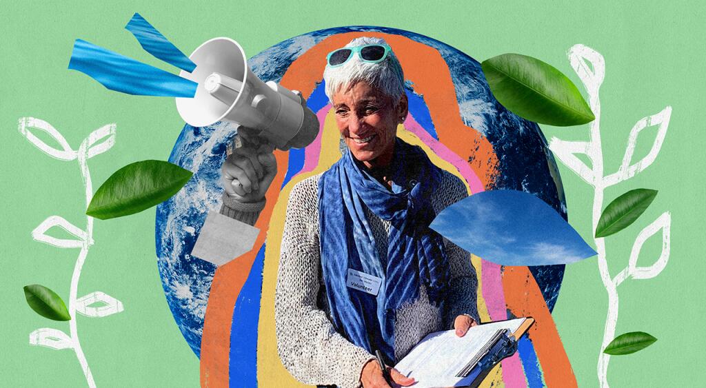 Photo collage of female activist surrounded by earth, megaphone, and leaves