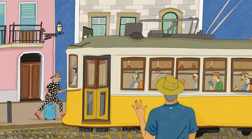 illustration of woman getting on bus ready to travel without husband