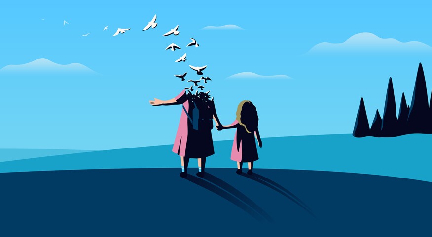 illustration of siblings holding hands standing over hill, sibling death