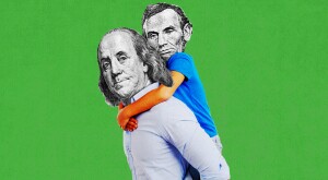 Photo illustration of Ben Franklin carrying Abraham Lincoln