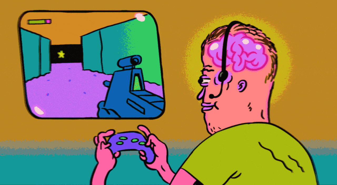 Animated cartoon of man playing a video game and his brain is comically getting bigger