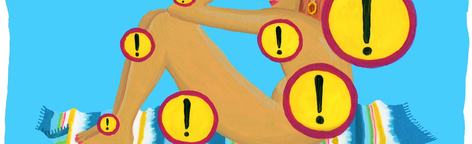 illustration of woman with exclamation points around her body