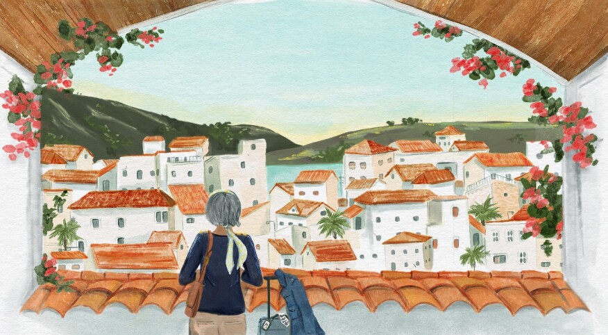illustration of older woman looking at city landscape, traveling, travel