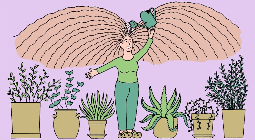 illustration of woman watering her hair to make it grow like the plants on the ground, hair loss