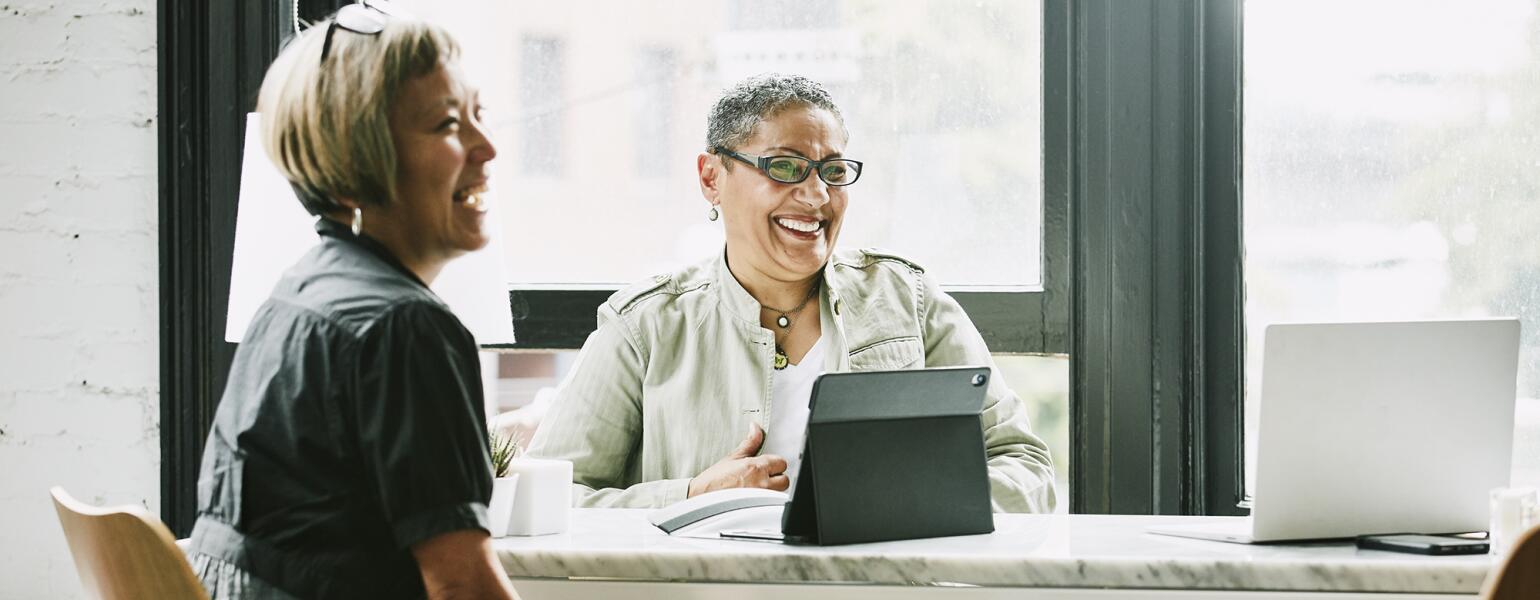 Laughing mature female business partners in meeting in office