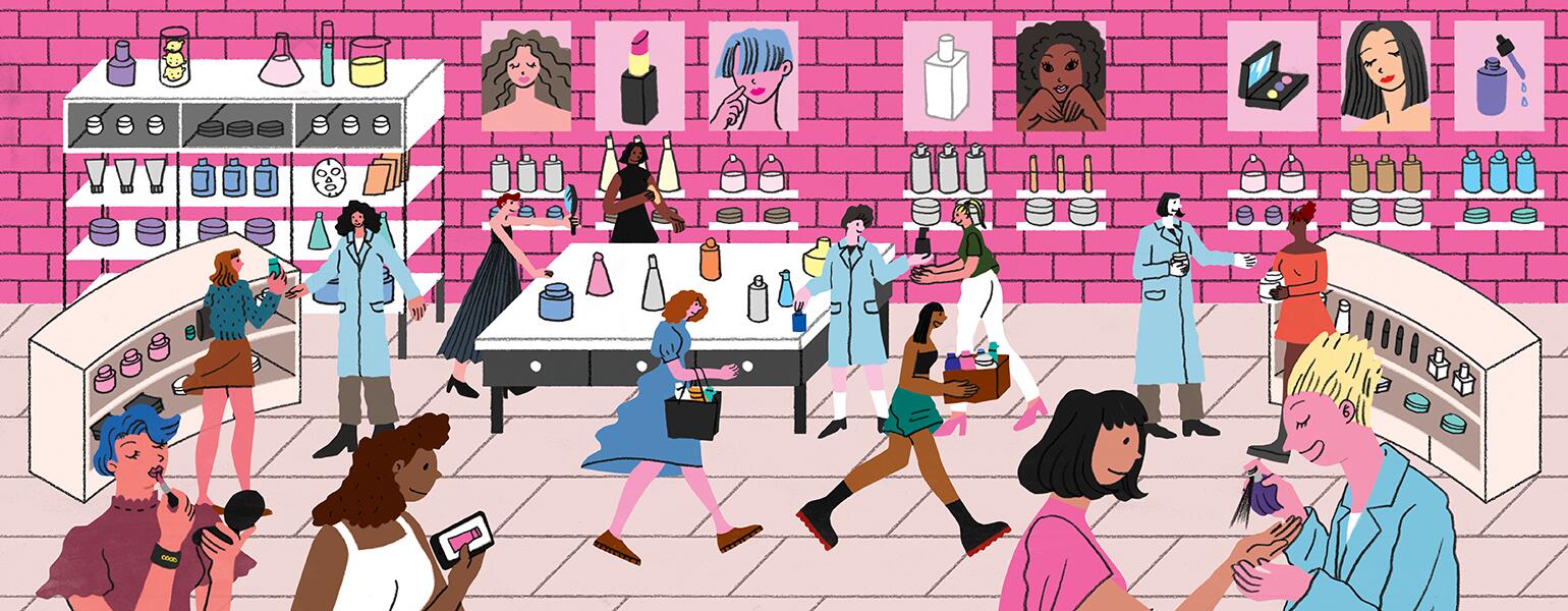 illustration of women in beauty store trying on different products