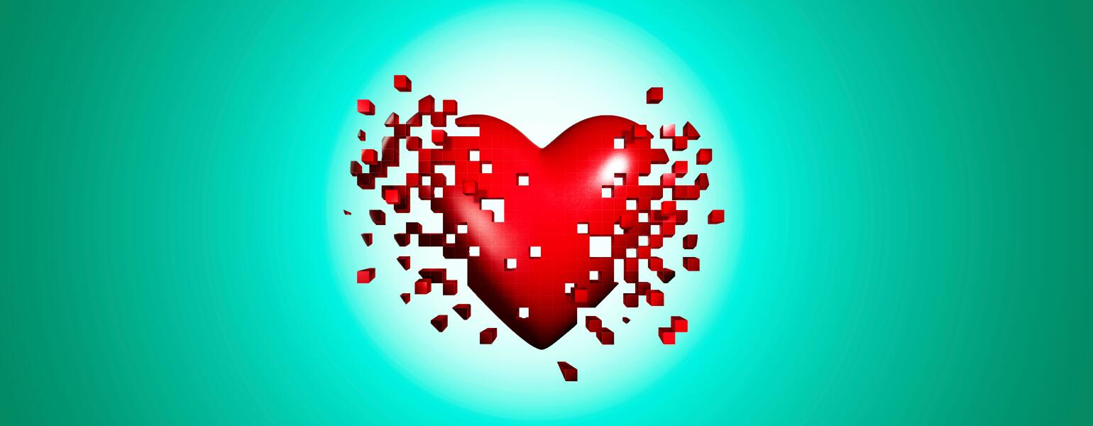 Pixelated red heart on a teal background